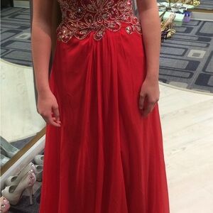 Val Stefani Women's Vibrant Red Beaded Strapless Prom Dress